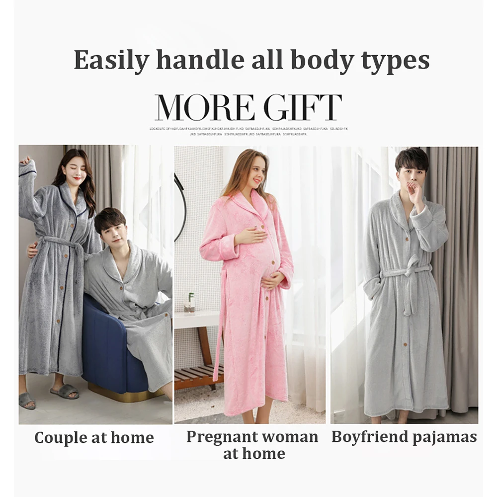 Winter Warm Flannel Buttons Bathrobe Female Loose Lengthen Thicken Solid Robes Dresses For Pregnant Woman Couples Dressing Gown