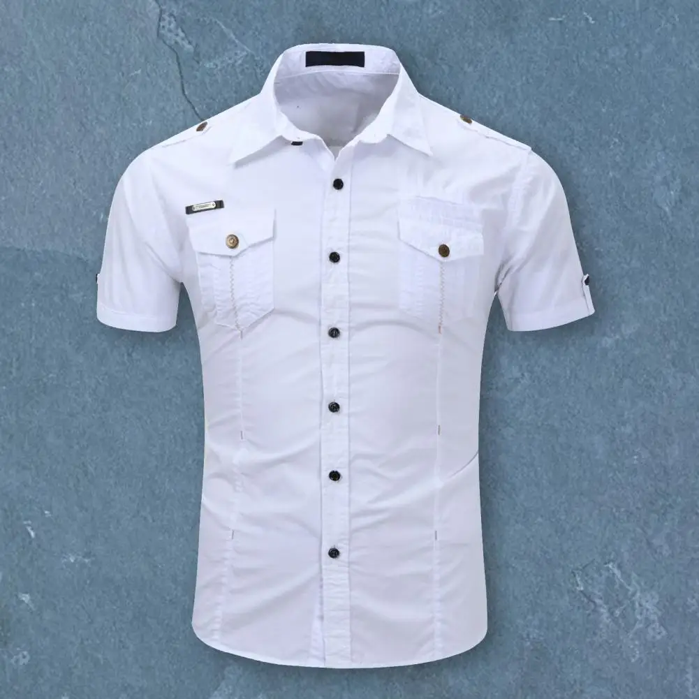 

Colorfast Breathable Material Turn-down Collar Flap Pockets Summer Shirt Clothes