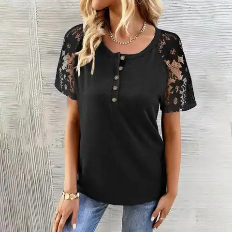Women Blouse Lace Stitching Short Sleeve Round Neck Tunic Top Summer Pullover Blouse Daily Wear