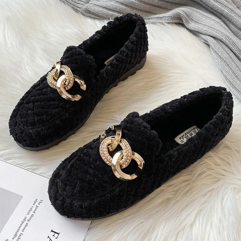 Fashion Chain Design Winter Warm Women's Plush Flat Shoes Outdoor  Loafers Office Wear Home Snow Boots Large Size 41-43 shoes