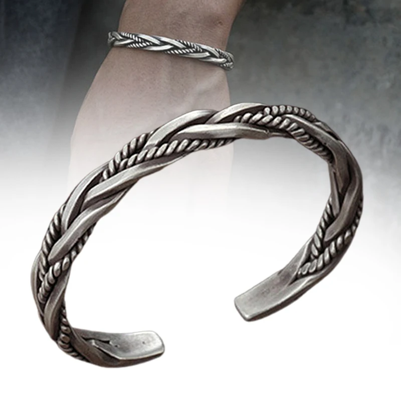 

Retro Weave Silver Plated Bangle Bracelet Adjustable Alloy for Men Male Gift Decor AUG889