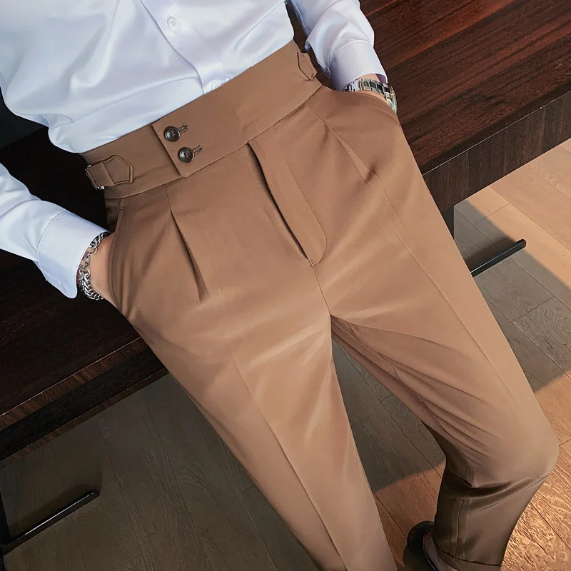 

Осенние Новые однотонные брюки в стиле бритиса с i-образной талией, мужские деловые брюки 2022, качественные облегающие деловые повседневные Костюмные брюки ommes