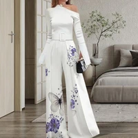 lady romper long sleeve elegant detachable belt floor length butterflies print oblique neck wide leg jumpsuit female clothing