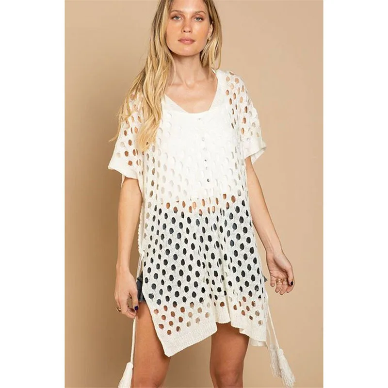 

SuperAen 2022 New Knitted Beach Blouses Sexy Hollow Out V-neck Holiday Sunblock Bikini Dresses for Women