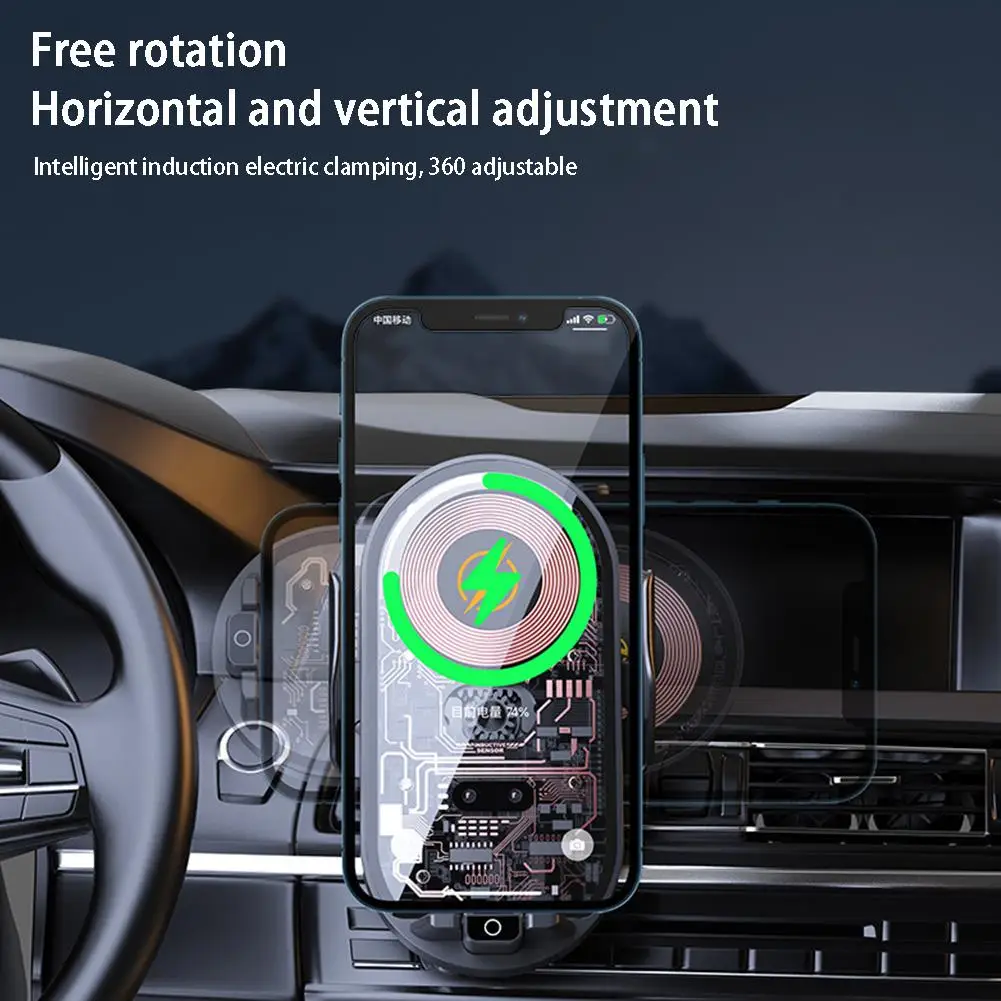 

Креативная автомобильная подставка 15 Вт, беспроводное зарядное устройство, держатель для автомобильного воздуховыпускного отверстия, прозрачный, 2 умных цвета, датчик кронштейна Universal E6T3