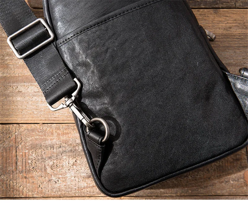 Retro fashion designer natural genuine leather men black chest bag outdoor sports lightweight first layer cowhide motorcycle bag