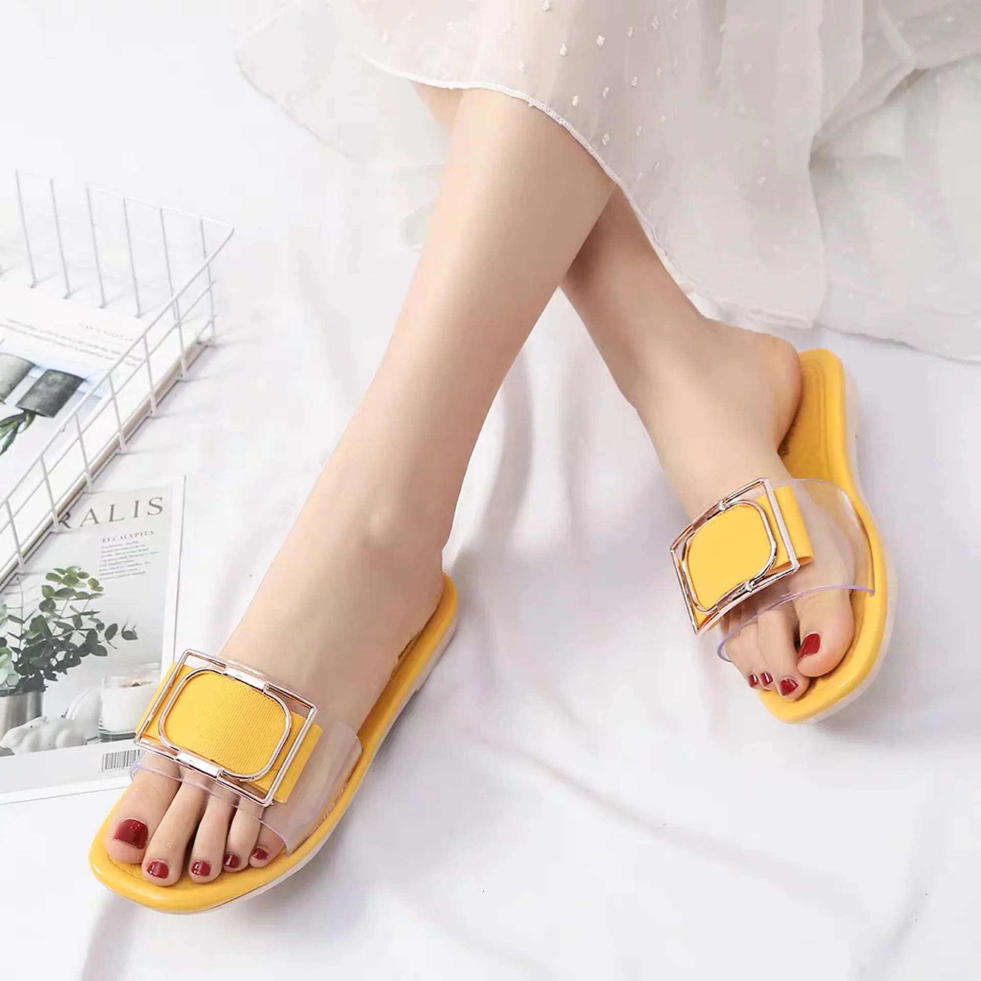 

women slippers buckle real leather slides shoes solid thick sole heels beach sandals women outside flip flops summer rty678