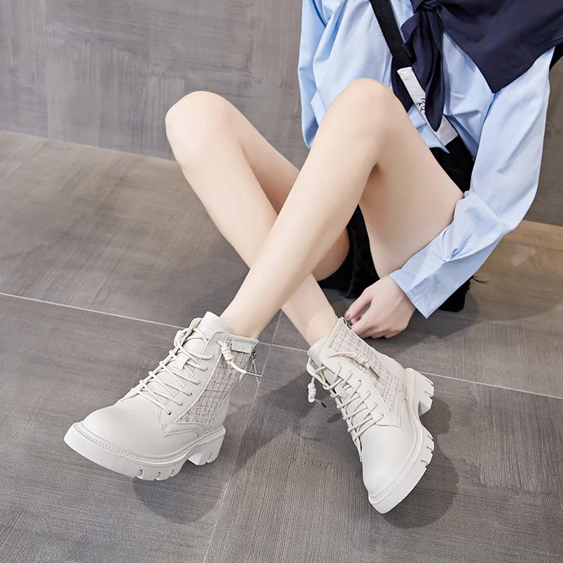 Women Leather Boots Rear Zipper Thick Sole Motorcycle Non-slip Middle Heel Shoes Fashion Low Top New Arrivals