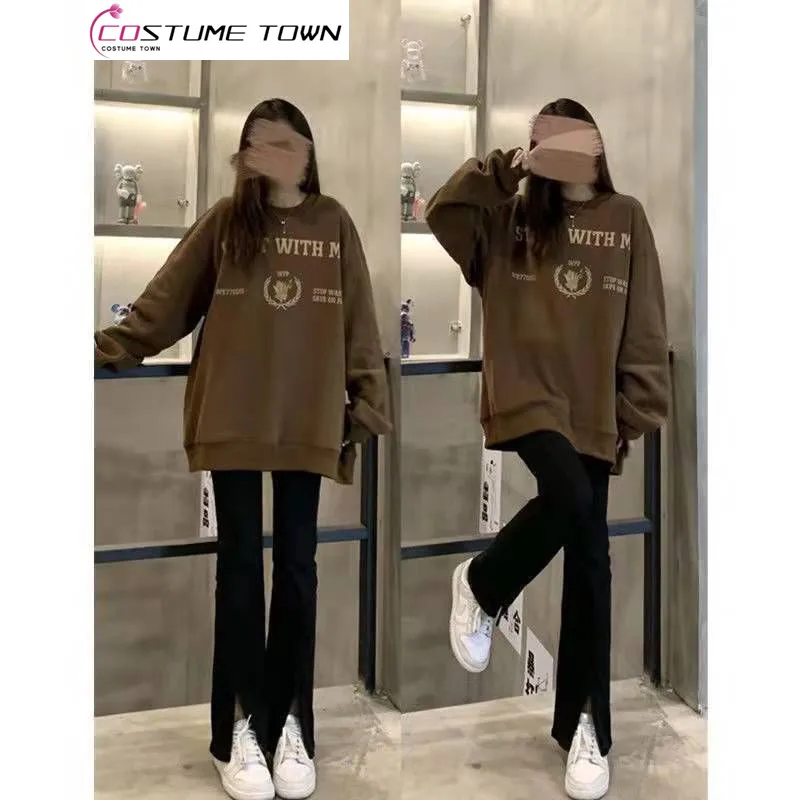 

American Retro Top Female Student 2023 Autumn New Loose Top Temperament Black Wide Leg Pants Two Piece Set Fashion
