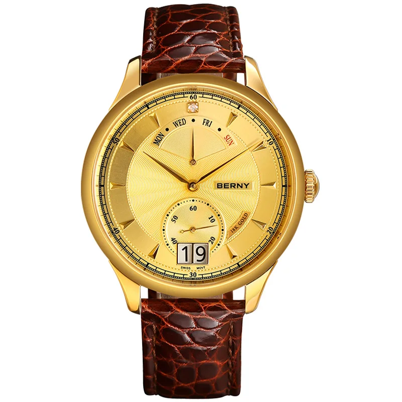 

BERNY 18K Gold Men Watches Swiss Movement Quartz Wristwatch Day Date Calendar Luxury Business Style Wateproof Relogio Masculino