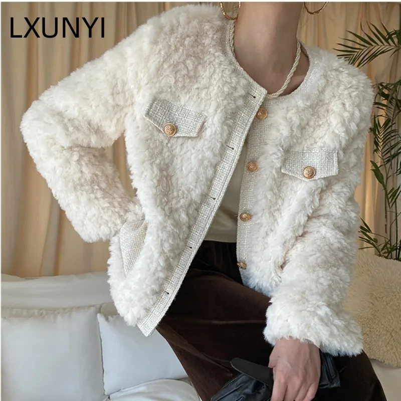 LXUNYI  Lambwool Jacket Women Winter Beige White New  Single Breasted O Neck Slim Tweed Woolen Patchwork Warm Ladies Coat