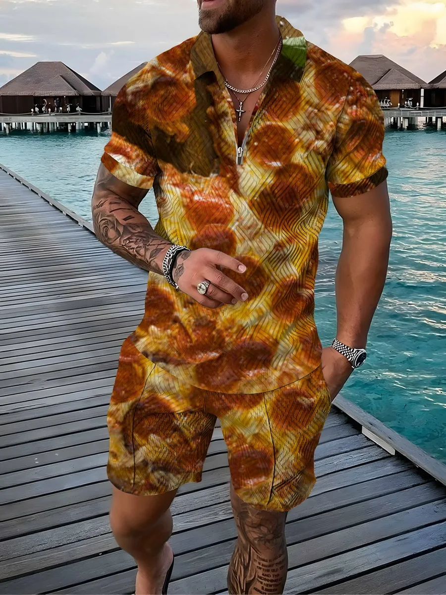 

Fashion Men's Suit Lapel Summer New Men's POLO Suit Short Sleeve Sportswear Men's Pizza Digital Printing Two Piece Sportswear