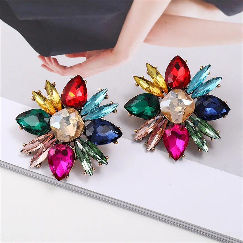 

European and American Fashion Colorful Flower Crystal Earrings Retro Luxury Bohemian Creative Design Jewelry for Women's Wedding