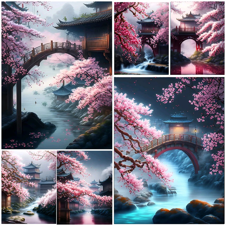 

5D DIY Diamond Painting Waterfall Temple Landscape Full Diamond Mosaic Embroidery Cross Stitch Japanese Cherry Blossoms handmade