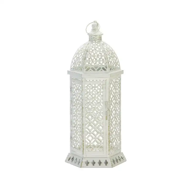 

White and Brown Distressed Finish Hexagon Candle Lantern with Hanging Loop