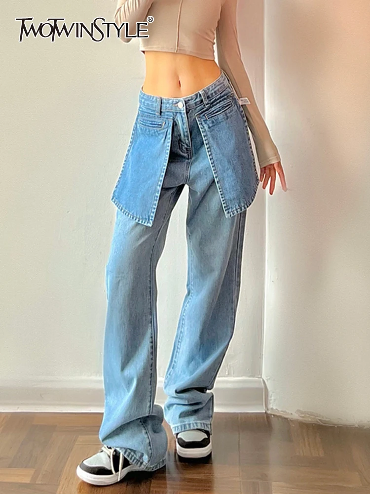 

Twotwin2 Стильные корейские модные джинсы для женщин с высокой талией Свободные Лоскутные однотонные широкие брюки Женская весенняя одежда ст...