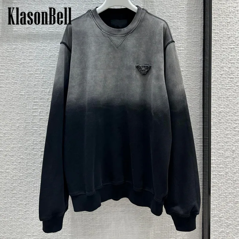 

8.25 KlasonBell Autumn New Washed Gradient Distressed Triangle Embroidery O-Neck Loose Sweatshirt Women