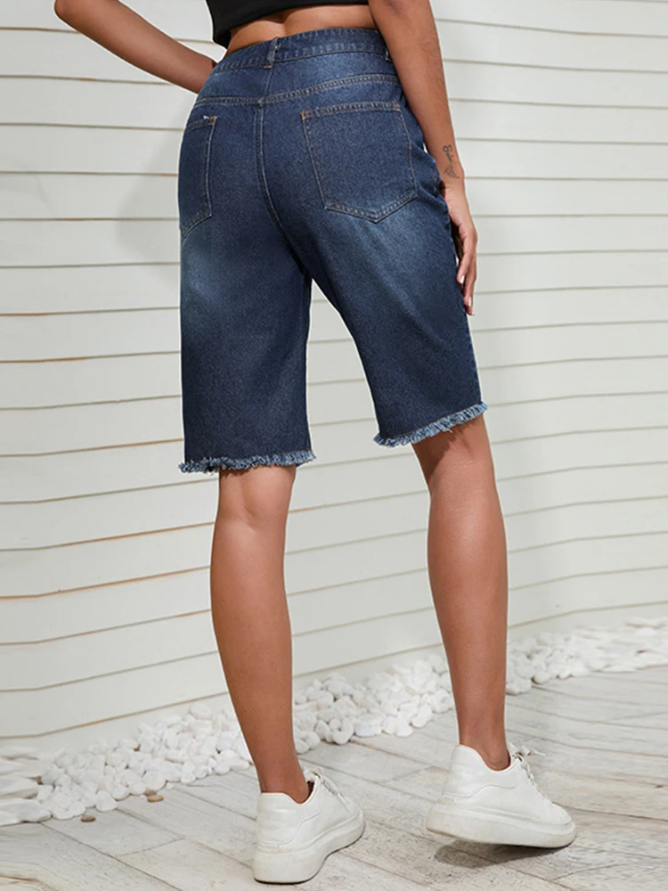 Women's 2023 women's jeans washed ripped mid-waist dark denim trousers temperament commuting