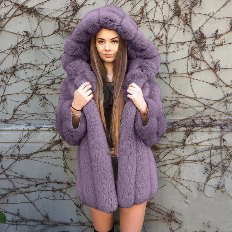 Women's Leather Fur Coat Fall Winter Fashion Hooded Fur Warm Imitation Fur Coat Top Women Faux Fur Coat