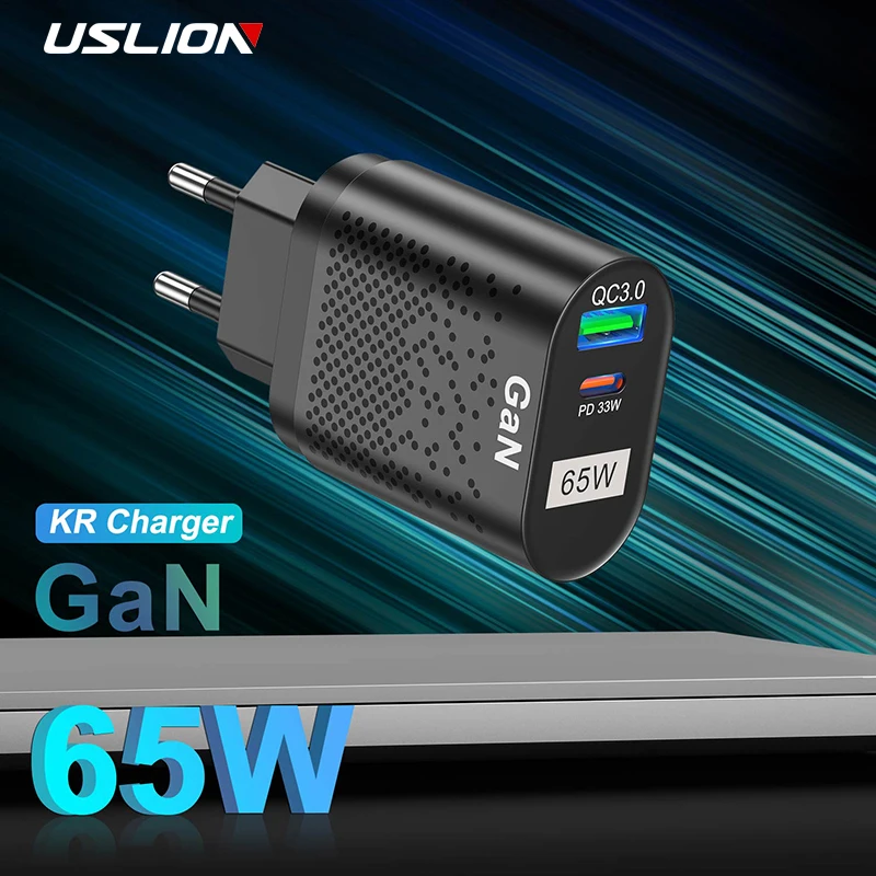 

USLION GaN 65W USB C Charger QC3.0 Korea Plug PD Type C Fast Charge Adapter For MacBook iPhone 13 Pro Max Samsung S21 ultra S20