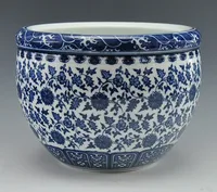 Big Chinese Antique Qing Qianlong Mark Blue And White Porcelain Ceramic Fish Bowl Flower Pot