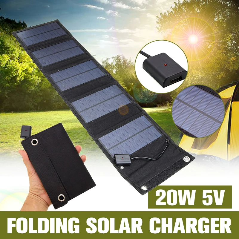 

Outdoor Sun Power Bank Foldable Solar Panel 20W Monocrystalline Silicon Solar Cell 5V 2A Output Charger for Camping Travel Phone