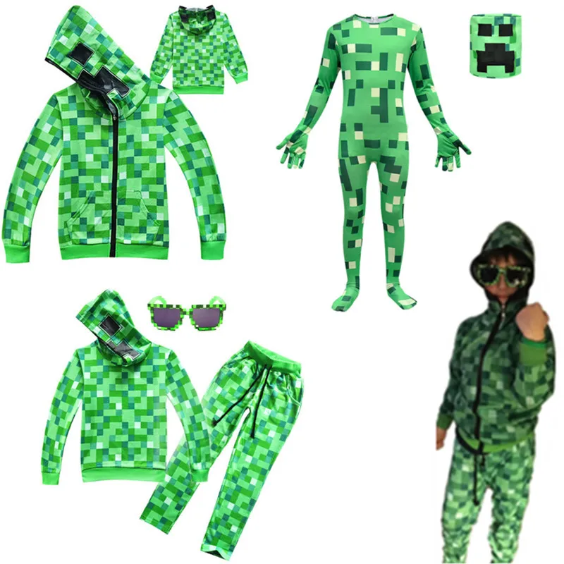 Kids Children Halloween Green Creeper Cosplay Costume Funny Cartoon Hoodie Sweatshirt Hot Game Print Jacket Outwear  Jumpsuit