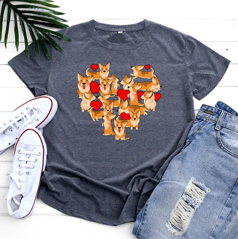 

Cartoon Dog Shirts Women Heart Print T-Shirt 100%Cotton O Neck Short Sleeve Graphic Tee Fashion White Tops Casual Woman Tshirts