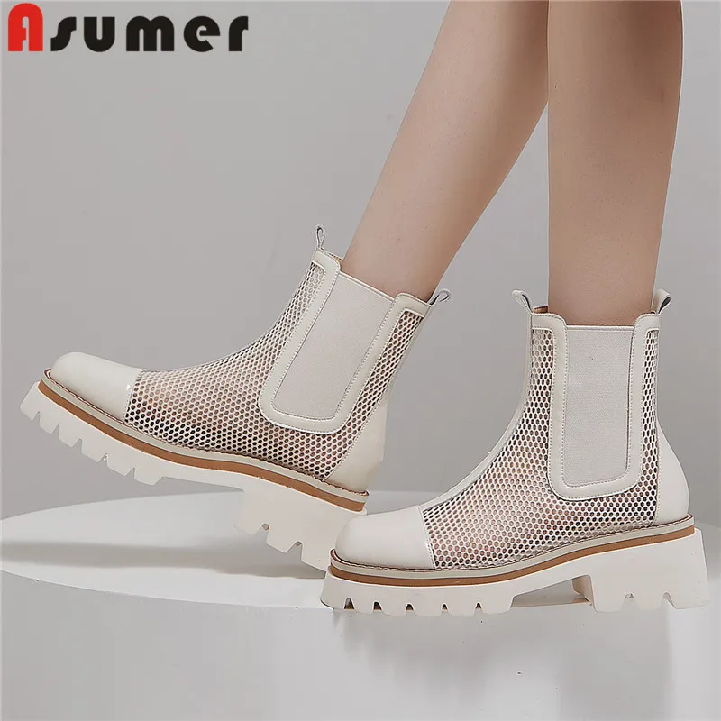 

ASUMER 2022 New Square High Heels Mid Calf Boots Solid Genuine Leather Women Boots Fashion Ladies Summer Platform Boots