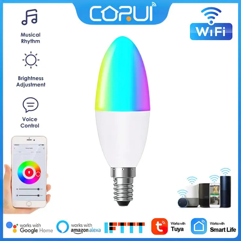 

Умная Светодиодная лампа CORUI TUYA с регулируемой яркостью, WiFi, E14, RGB, 100-240 В