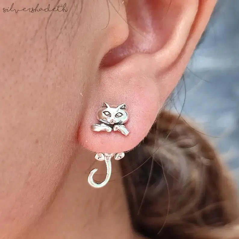 Retro Fashion Silver Cat Earring Necklace Temperament Stud Earrings Animal Jewelry Set