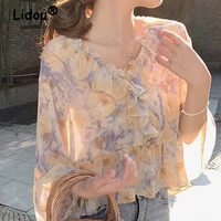 lotus leaf sweet chiffon shirt womens 2022 summer new french style shirt womens mid sleeve floral top korean casual clothing