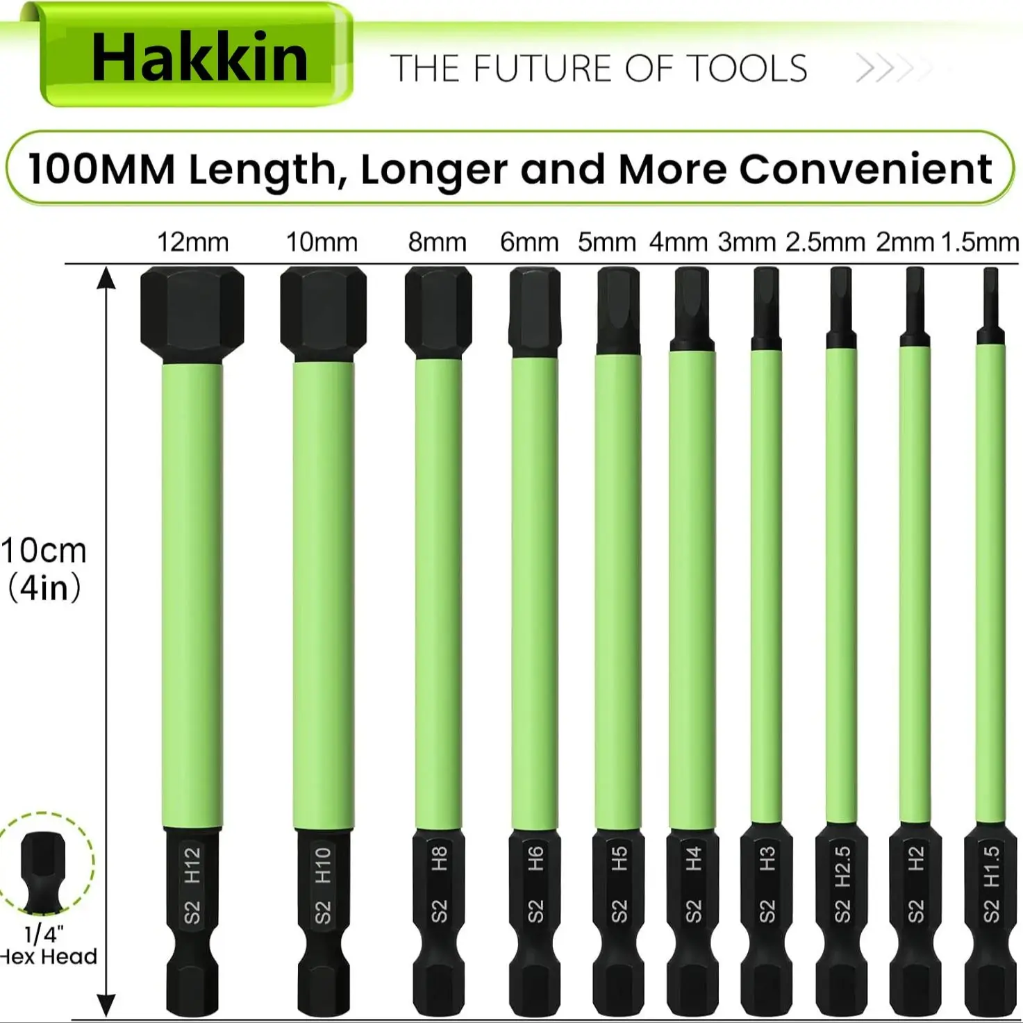 

10 шт., 100 мм, шестигранный ключ, сверло S2, стальное метрическое шестигранное сверло, набор магнитных шестигранных отверток H1,5 мм ~ H12 мм