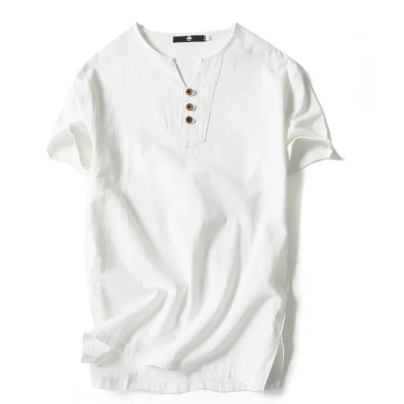 

T Shirt Summer Men Cotton Tshirts Casual Short Sleeve Chinese Style Vintage V Neck Tees Plus Size Black White Tops