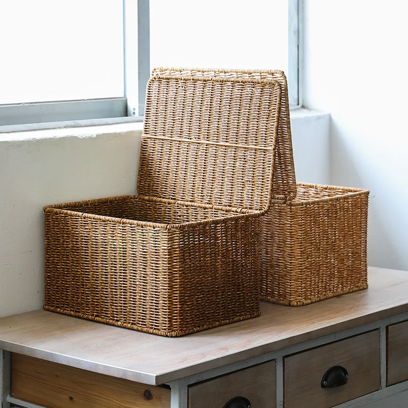 

Hand Woven Storage Baskets Seagrass Wicker Laundry Basket Rectangular Box with Lid Home Storage Container Sundries Organizer