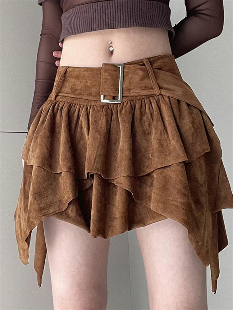 

CHRONSTYLE Sexy Women Mini Skirts Solid Color Irregular Hem Pleated Skirts Spring Summer Short Skirts with Buckle Belt Clubwear