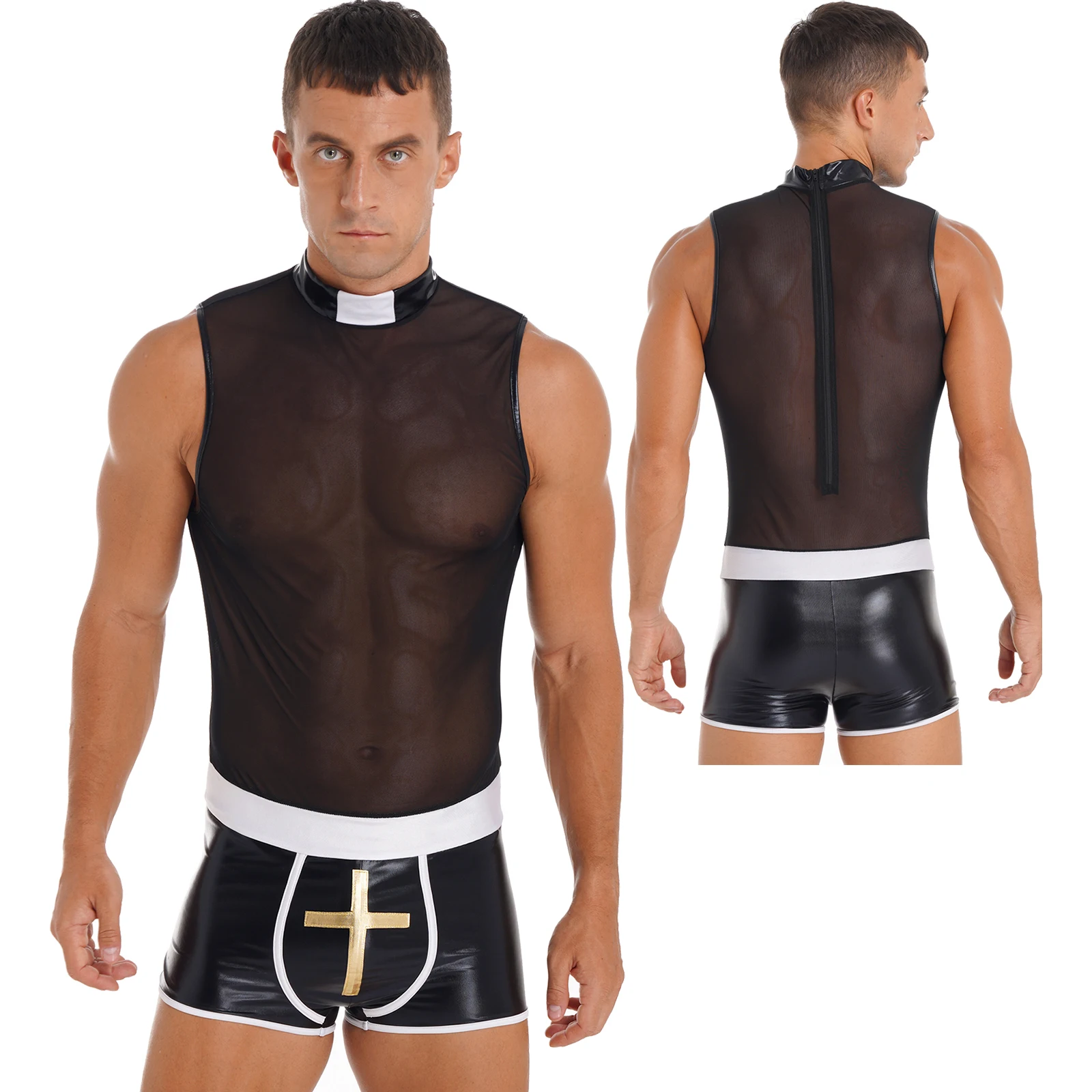 Mens Sexy Priest Cosplay Costume  See-through Mesh Patchwork Bodysuit Sleeveless Jumpsuit Clubwear Halloween Party Outfit