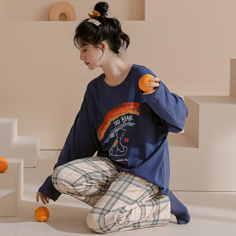 2022 spring and autumn new style pajamas women's cotton long sleeve  sweet simple round neck suit home clothes can be worn out