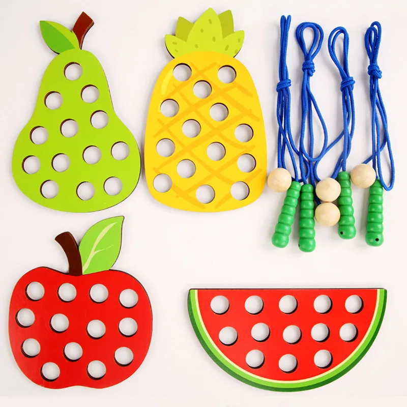 

Montessori Wooden Threading Toy Caterpillars Eat Fruits Early Learning Teaching Aids for Children no box