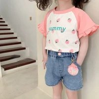 2022 summer new fashion korean version of the kids clothing girls trumpet sleeve top fashion printing t shirt boutique t shirt