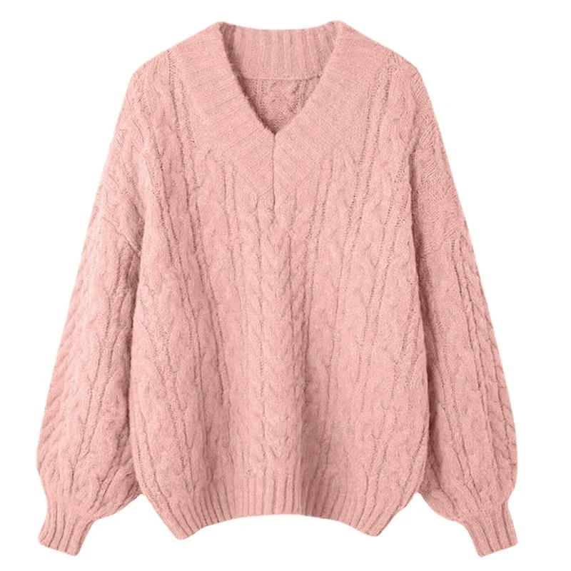

Women Autumn Sweater V-Neck Loose Style Furry Knitted Sweater Women Pullovers Long Sleeve Pink Sweater Pull Femme