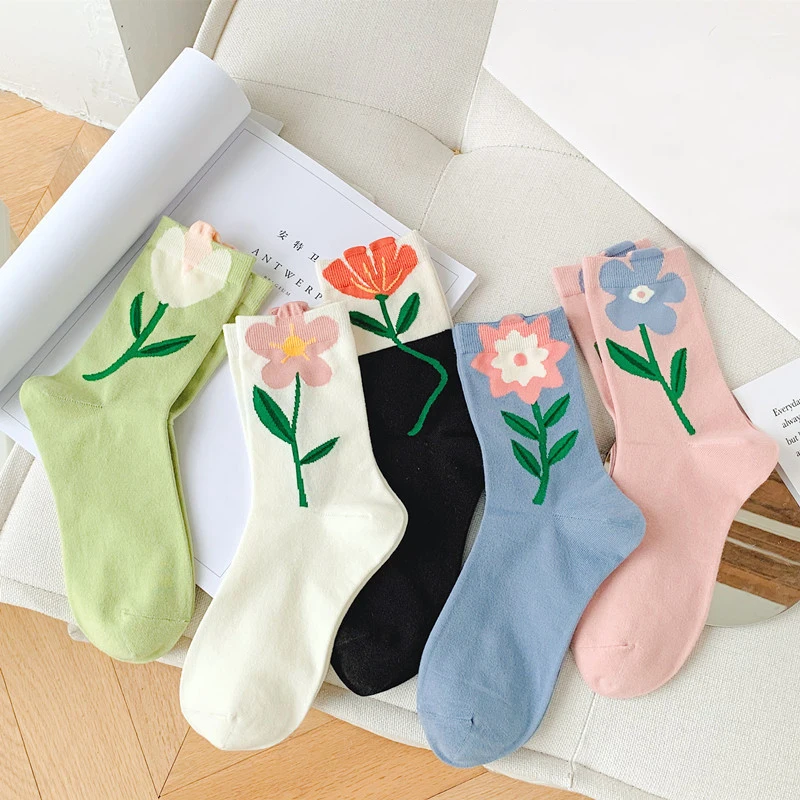 1 Pair Women Socks Flower Pattern Ruffle Cute Kawaii Japanese Korean Style Cartoon Harajuku Breathable Casual Short Cotton Socks