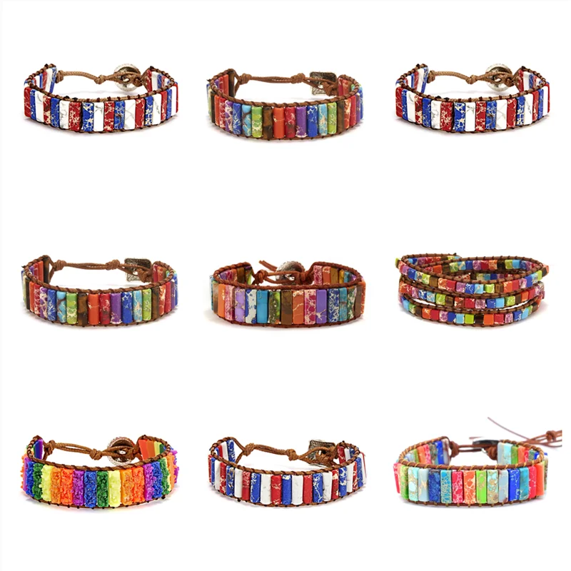 

New European and American Fashion New Colorful Stone Red, White and Blue Emperor Stone Hand-woven Slip Knot Adjustable Bracelet