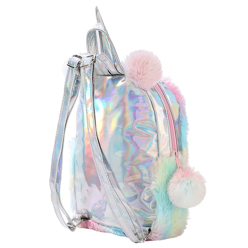 Unicorn School Bag For Girls  Plush Small Backpack Kids Kawayi Bags Silver Laser Pu  Bookbags Children Gift  Rainbow  11inch
