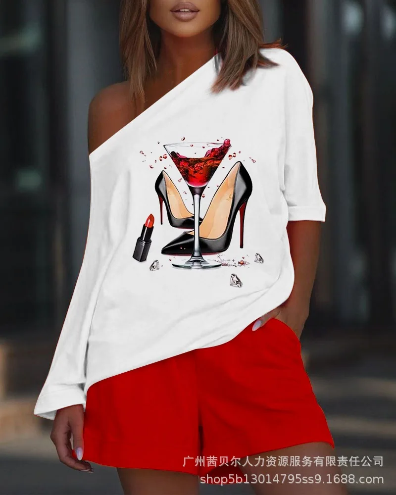 

2022 Autumn New High Waist Shorts Suit Casual Two Piece Set Women's Sexy Off Shoulder Print Contrast Suit Simple Fashion Clothin