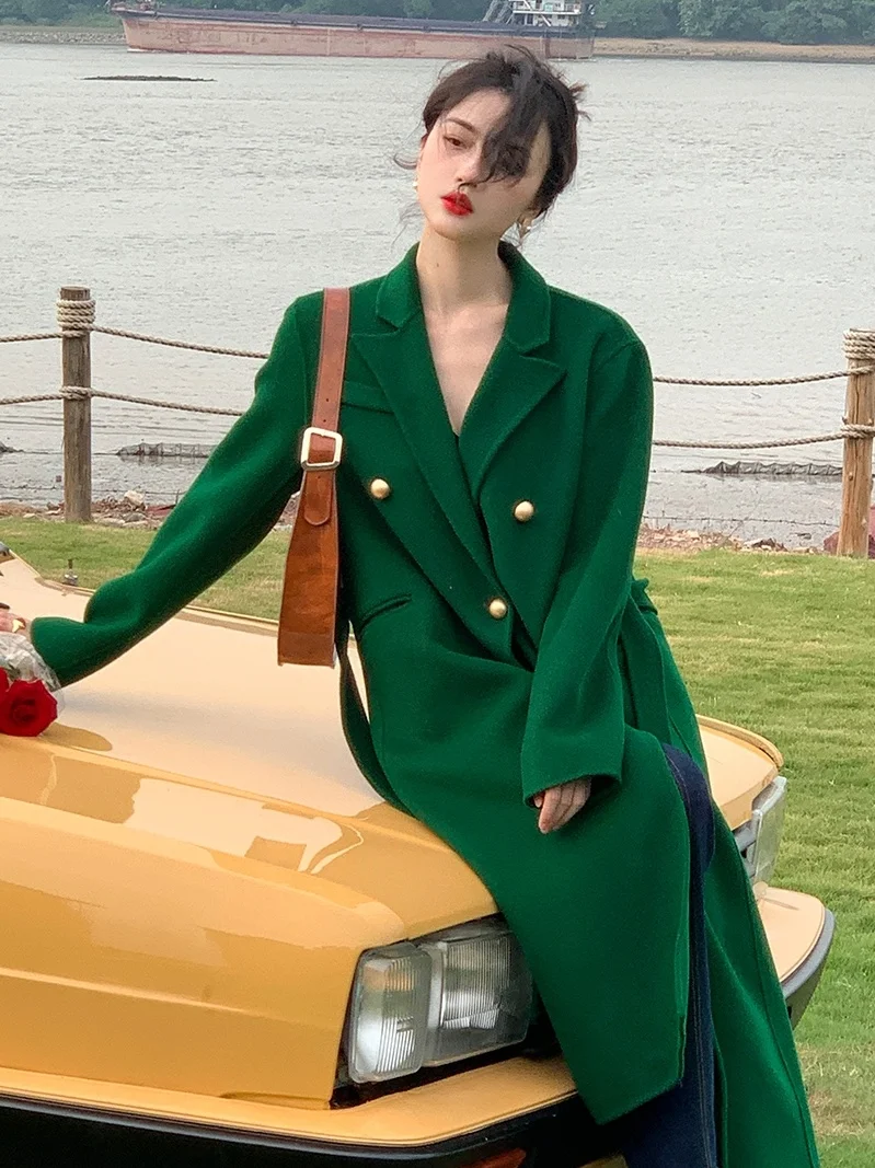 

Hong Kong Style Retro 100% Pure Wool Double-Faced Woolen Goods Lace-up Woolen Coat Mid-Length Woolen Coat for Women