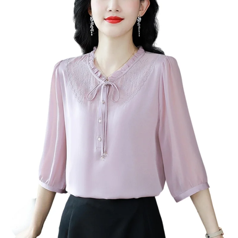 Шелковый топ женская рубашка с рукавом три четверти новые летние шелковые
