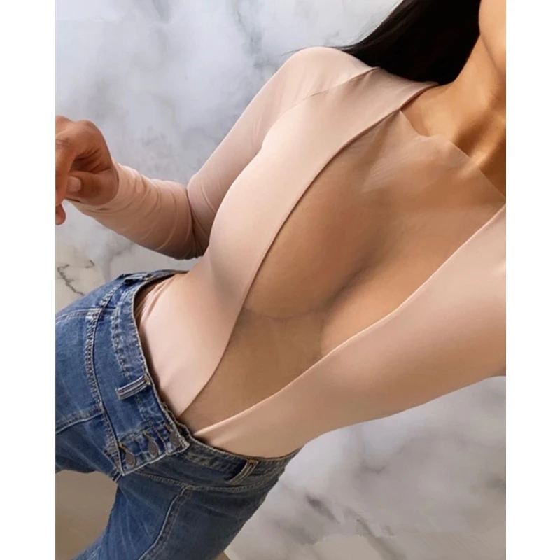 

Mandylandy Women's Sexy Mesh Patchwork Bodysuit Shirt Top Ladies Elegant Long Sleeve O Neck Skinny Slim Fit T-shirt