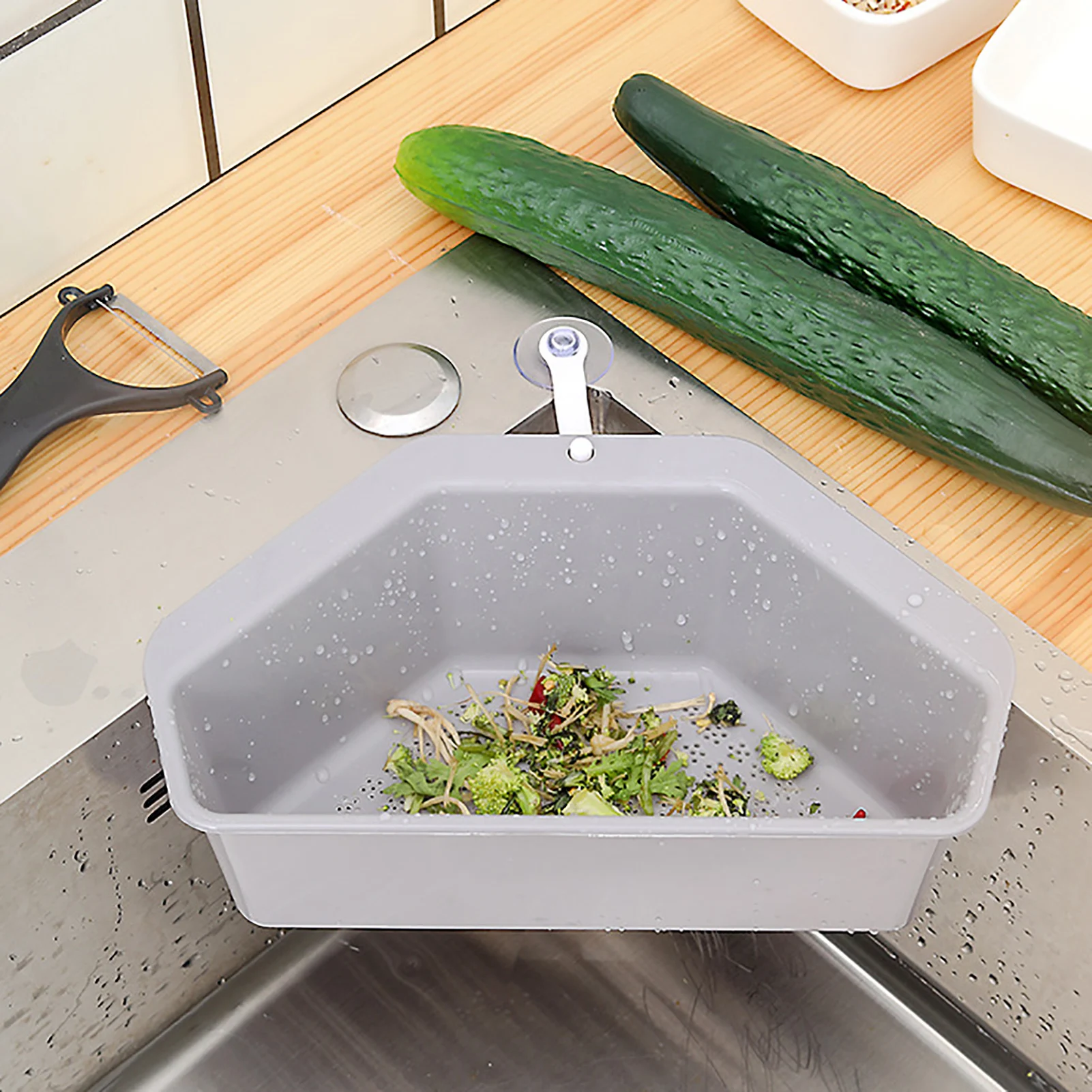 

Corner Sink Drain Basket Storage Holder Rack Self-Standing Suction Cup Sink Basket Bowl Sponge Holder Kitchen Bathroom Organizer