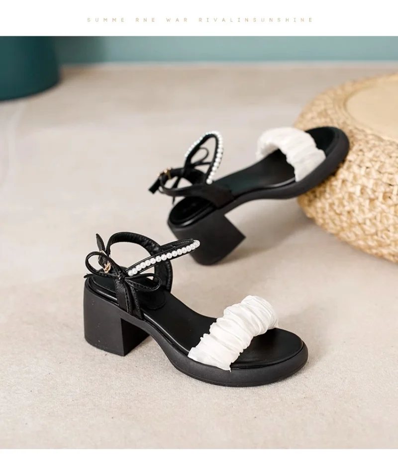

Sweet Shoes Woman Sandals Women Casual Square High Heels Solid Buckle Strap String Bead Pleated Summer Sandals Plus Size Zapatos